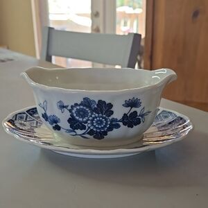 Blue Floral Gravy Boat with Saucer